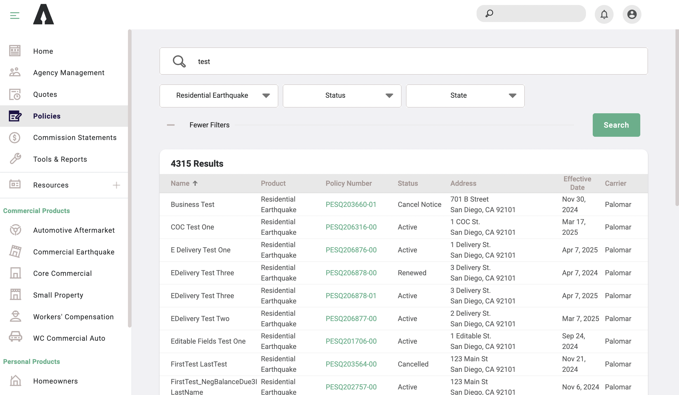 Arrowhead Exchange Policy Search Screen