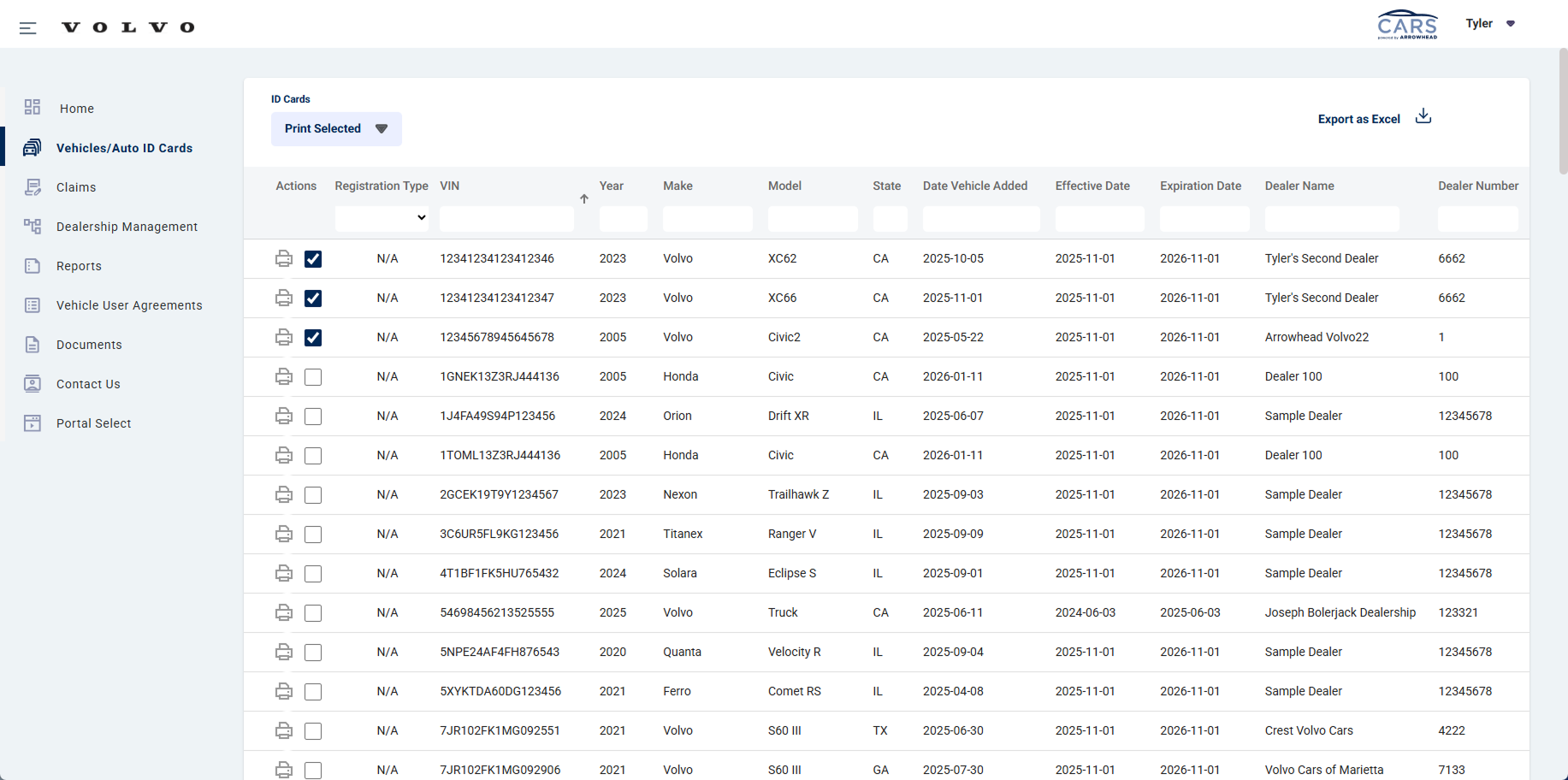 Service Loaner Portal - Vehicle Table
